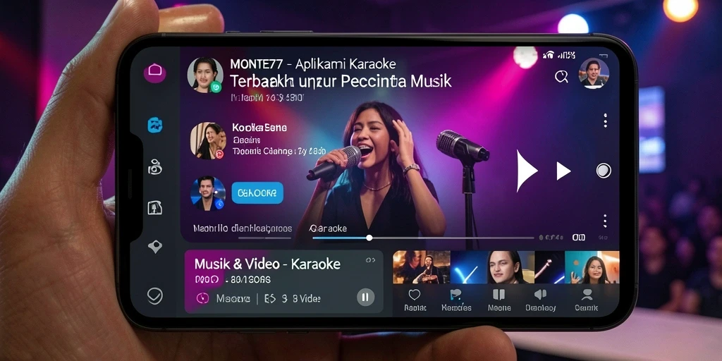 Tampilan antarmuka aplikasi MONTE77 saat sesi karaoke berlangsung.