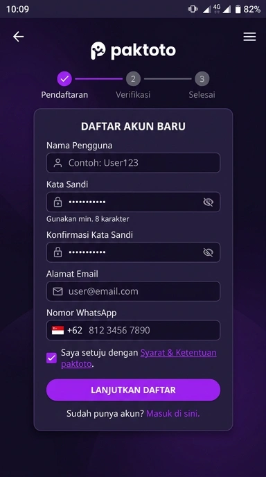 Tampilan halaman daftar paktoto